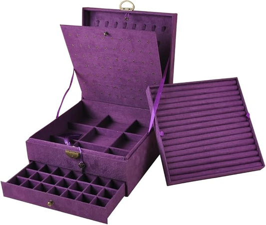 Jewelry Organizer 5 Layers Velvet Square Jewelry Box Women Necklace Ear studs Display Bangles Large Jewelry Storage Case Drawer GY306 (purple)