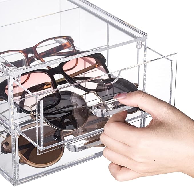 Clear Acrylic 2-Drawer Storage Glasses Organization Drawers Makeup Organizer Box Holder for Sunglasses, Small Items, Makeup Brush Sets, Jewelry Trays and Accessories, 7.24”x7.56”x5.6” (Transparent)