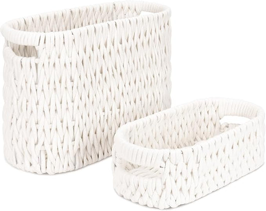 Boho Toilet Paper Storage Baskets, Cotton Rope Woven Bathroom Basket Set of 2, Standing Toilet Paper Holder for 6 Mega Rolls,Storage Bins for Toilet Tank Top, Bathroom Organizer Decor (White 2 Pack)