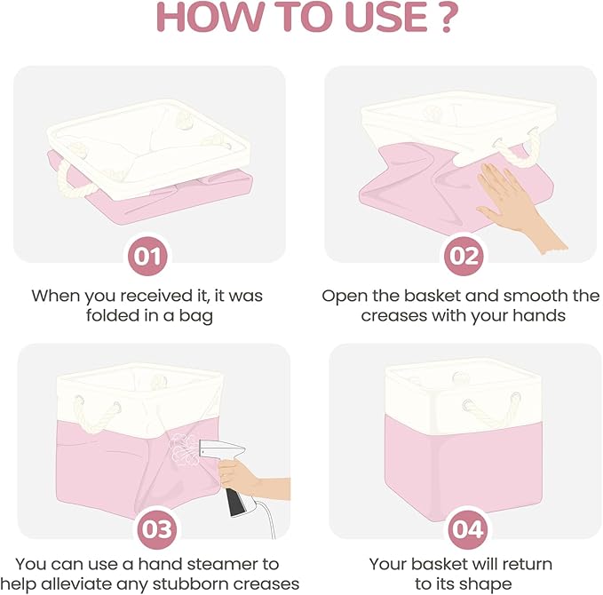 13 x 13 Inch Cube Storage Bins, 6 Pack Fabric Storage Basket with Handles, Foldable Boxes Organizer for Shelf Baskets for Home, Clothes, Toys (White/Pink)