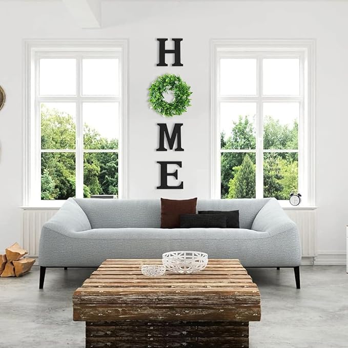 Wooden Home Sign with Artificial Green Wreath for O, Hanging Farmhouse Wall House Decor Wood Letters for Wall Art Rustic Home Decor, Wall Decor for Living Room Kitchen Entryway (Black)