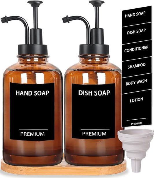 Amber 18 Oz Dish Soap Dispenser for Kitchen, Ultra-Thick Glass Soap Dispenser Set with Tray, Pump, Funnel for Bathroom, Liquid, Lotion, Shower, Laundry, (2 Pack with 12 Stickers)