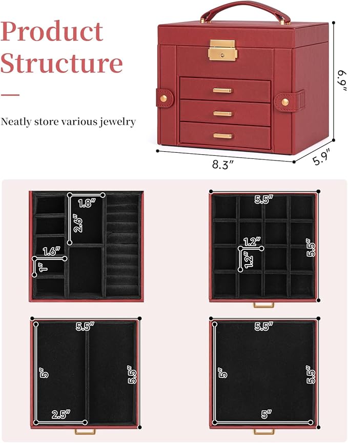 TORIBIO Jewelry Box for Women, Leather Jewelry Organizer with Mirror & Lock, 4-Tier Jewelry Storage Organizer with 3 Drawers for Girls/Women/Mothers, Necklace Earring Bracelets Holder Organizer
