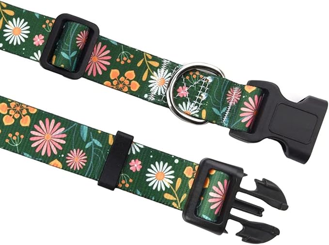 Dog Collar with Bohemia Floral Tribal Geometric Patterns - Soft Ethnic Style Collar Adjustable for Small Medium Large Dogs(Dark Green Flower,M)