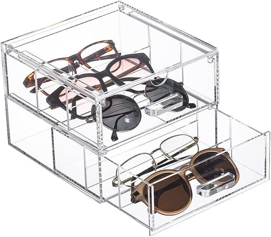 Clear Acrylic 2-Drawer Storage Glasses Organization Drawers Makeup Organizer Box Holder for Sunglasses, Small Items, Makeup Brush Sets, Jewelry Trays and Accessories, 7.24”x7.56”x5.6” (Transparent)