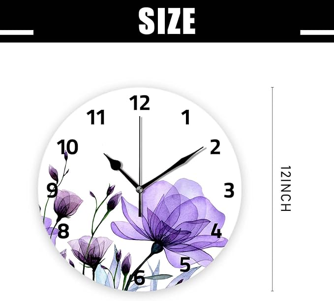Battery Operated Wall Clocks 12 Inch,Purple Flowers,Silent Home Decor for Bathroom,Living Room,Bedroom