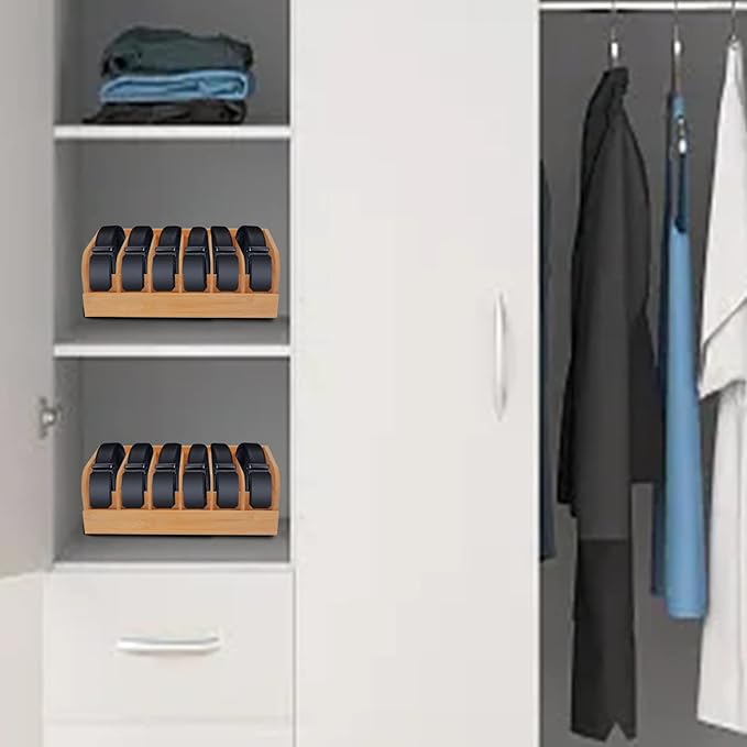 GTI Belt Organizer, 2pcs 6 Compartments Belt Organizer for Closet and Drawer, Bamboo Display Case for Tie and Belt, Belt holder Storage Organizer for Men Women (Black)