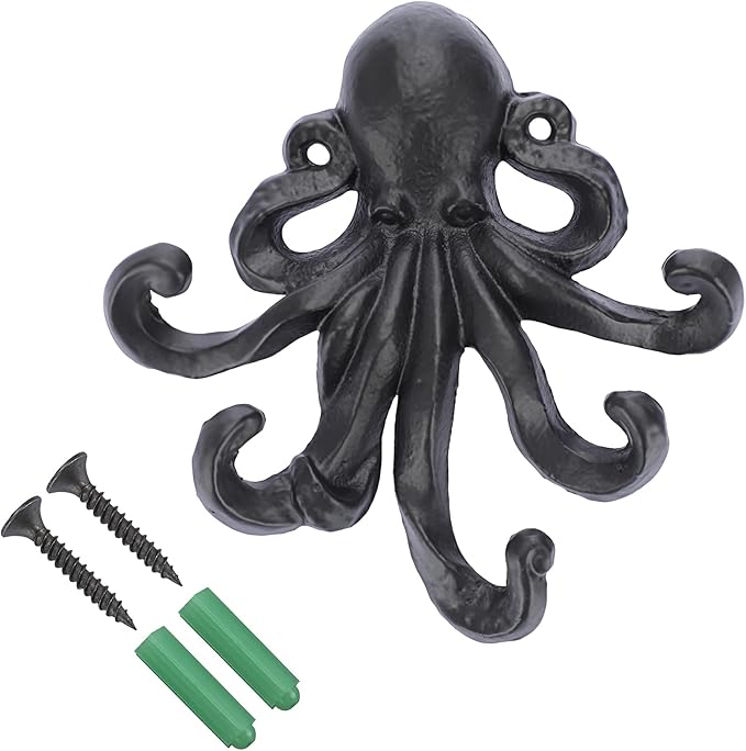 Sumnacon 6 Inch Cast Iron Octopus Coat Hook - Rustic Metal Wall Rack for Key Towel Bag, Hat Scarf with Screws, Decorative Duty Clothing Hanger for Bedroom Bathroom Kitchen Balcony Entry Door, Black