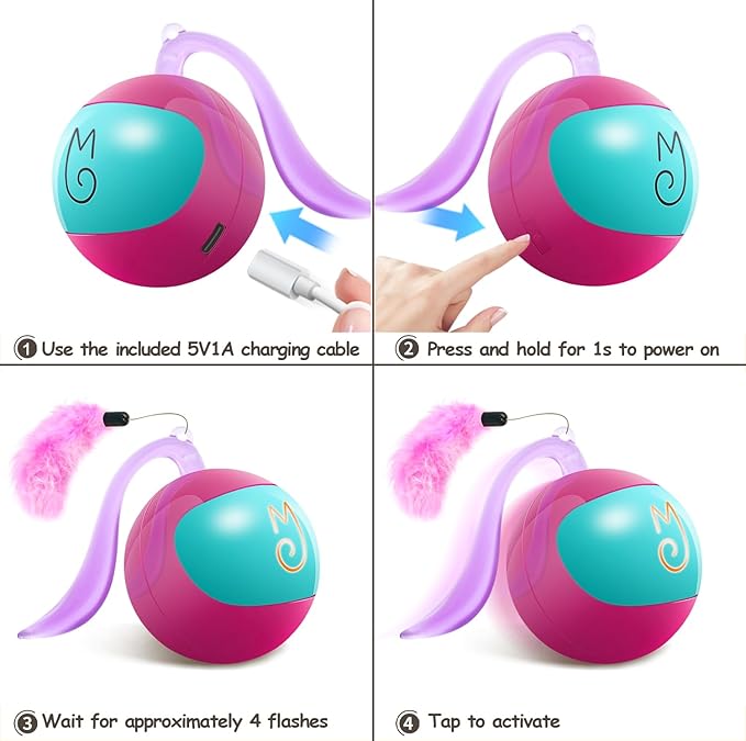 Migipaws Interactive Cat Ball Toy Set, Fun Tracker, Automatic Rolling Chase Ball with Fluffy Tail, A Small Mice, Rechargeable (Rose)