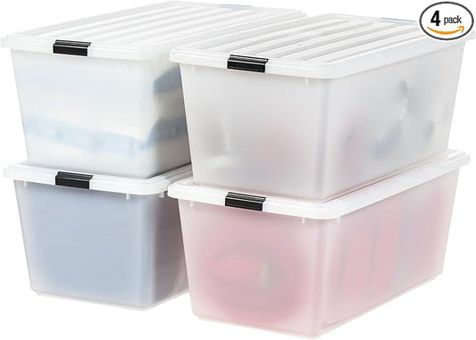 IRIS USA 91 Qt Stackable Plastic Storage Bins with Lids, 4 Pack - BPA-Free, Discreet Organizing Solution, Latches, Durable Nestable Containers, Secure Pull Handle, Made in USA - Pearl