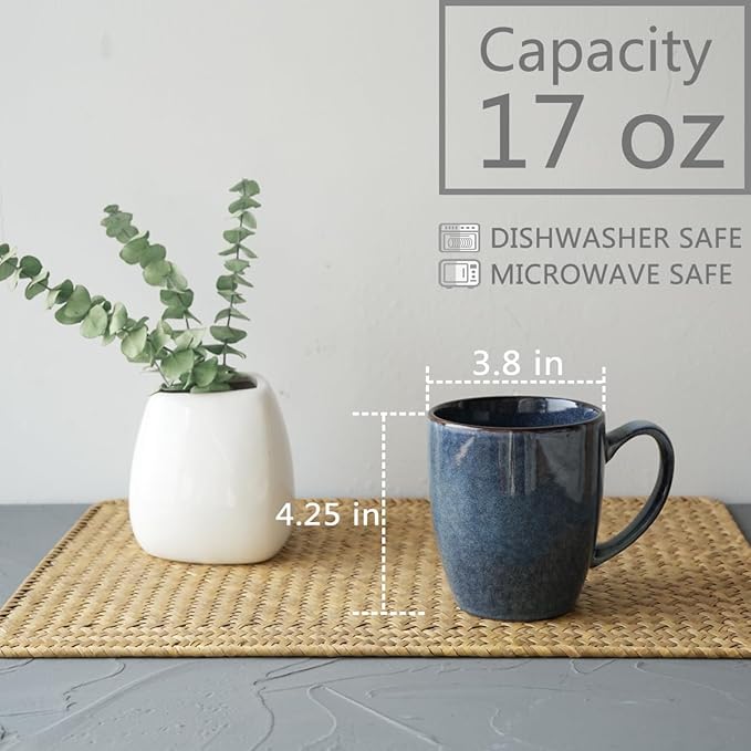 Bosmarlin Ceramic Coffee Mug Set of 4, 17 Oz, Coffee Cups with Big Handle, Microwave Safe, Unique Reactive Glaze (Deep Blue, 17 Oz)