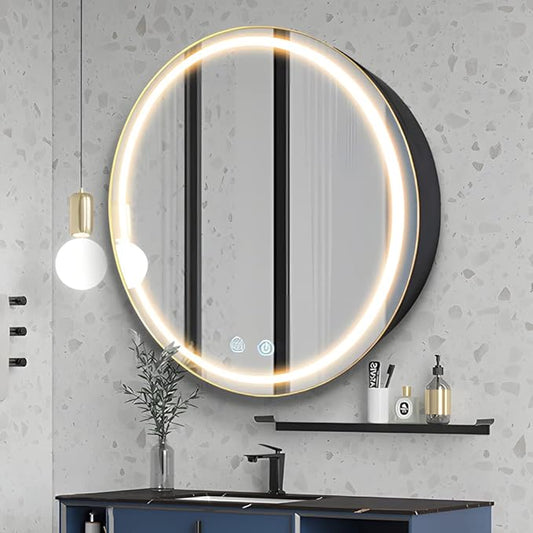 30 inch Round Medicine Cabinet with Lights,Led Medicine Cabinet with Defogger,Illuminated Mirror Cabinet for Bathroom,Dimmable,Defogger,3 Color Temperature 3000k-6500k Black