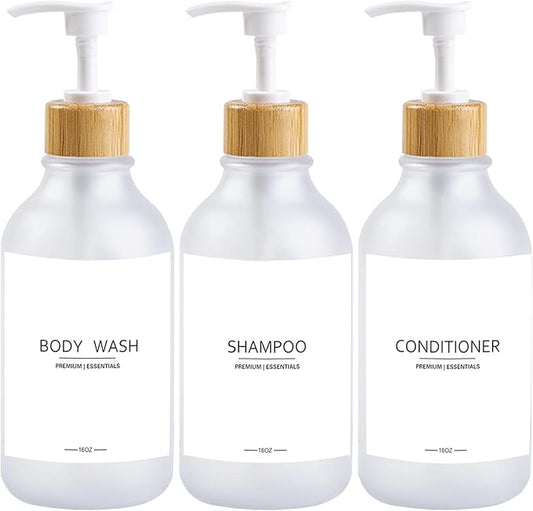 Frosted Plastic Shampoo and Conditioner Bottles, Apothecary Dispenser Bamboo Pump, Refillable Bottles for Shower Lotion, Oil, Hand Soap, Sanitizer, Liquid Soap, Set of 3 with 9 Labels (3, Matte Clear)