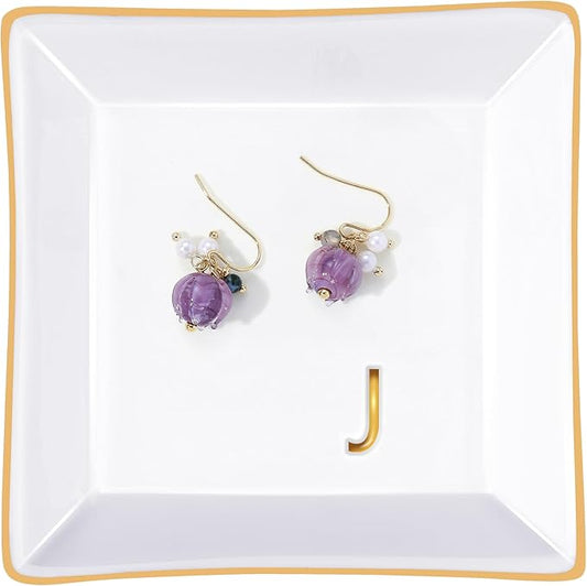 PUDDING CABIN Initial Ring Holder Jewelry Tray, Personalized J-Monogrammed Engagement Wedding Gifts for Bridesmaid, Bride, Birthday Christmas Gifts for Women, Mom, Friends, Sisters, Ceramic White