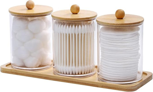 Tbestmax 10 Oz Cotton Swab/Ball/Pad Holder with Vanity Tray, Qtip Apothecary Jar, Clear Bathroom Containers Dispenser for Storage 3 Pack Wood Lids