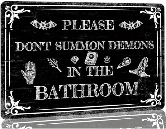 Vintage Gothic Metal Tin Sign - "Please Don't Summon Demons In The Bathroom" Decorative Plaque for Halloween Party Decorations, Easy Installation with Pre-Drilled Holes - 8x12 Inch