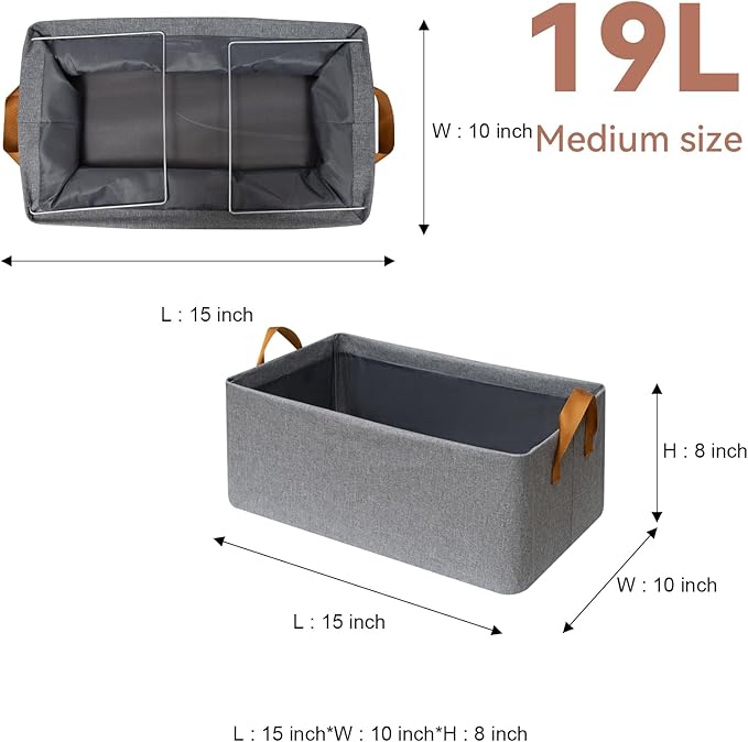 SNWDN 6 Pack Closet Cloth Storage Bins for Shelves, Medium Storage Baskets for Shelves, Fabric Bins for Closet organization with Handles（ Gray 15''L x 10''W x 8''H）