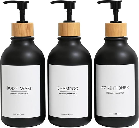 Frosted Plastic Shampoo and Conditioner Bottles, Apothecary Dispenser Bamboo Pump, Refillable Bottles for Shower Lotion, Oil, Hand Soap, Sanitizer, Liquid Soap, Set of 3 with 9 Labels (3, Matte Black)