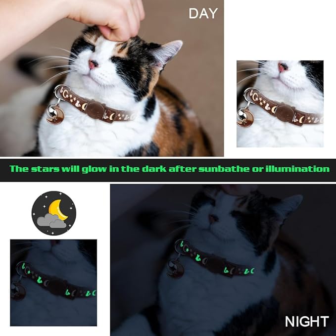 2PCS Breakaway Cat Collars with Bell Cute Kitty Glow in The Dark Adjustable Kitten Collars 6.9-10.7 Inch(Brown&Black)