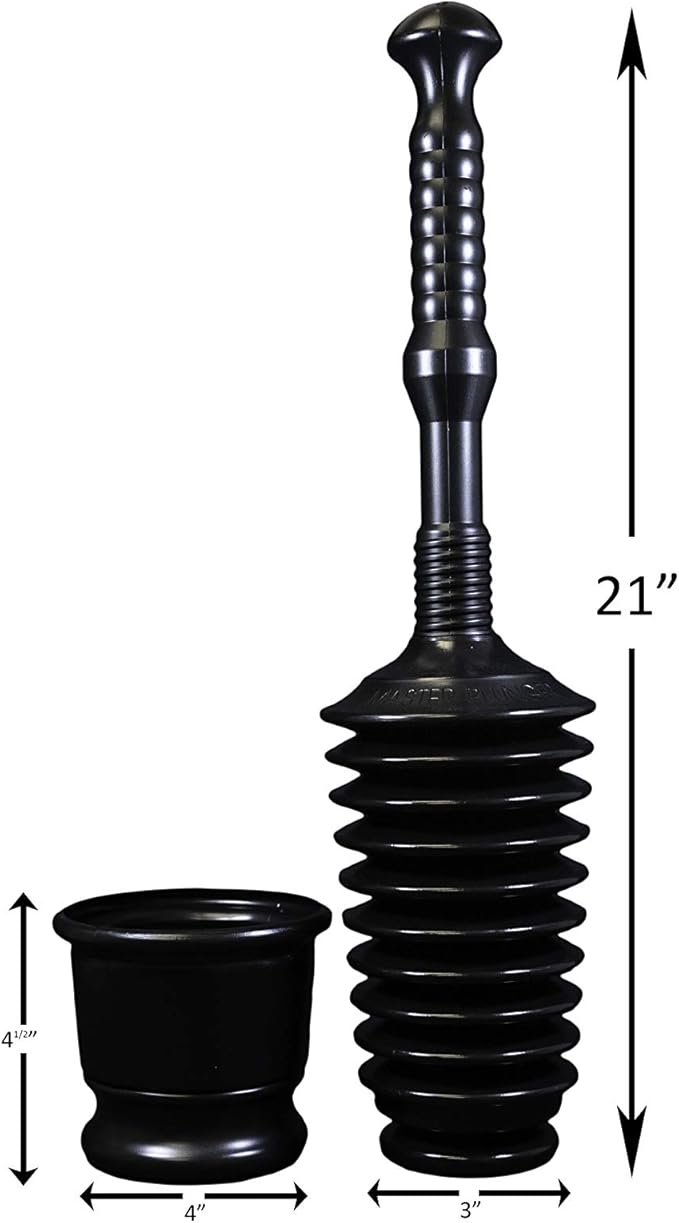 Master Plunger MP500-B3 Heavy Duty Bathroom Toilet Plunger Kit with Short Bucket/Caddy. Equipped with Air Release Valve, Black
