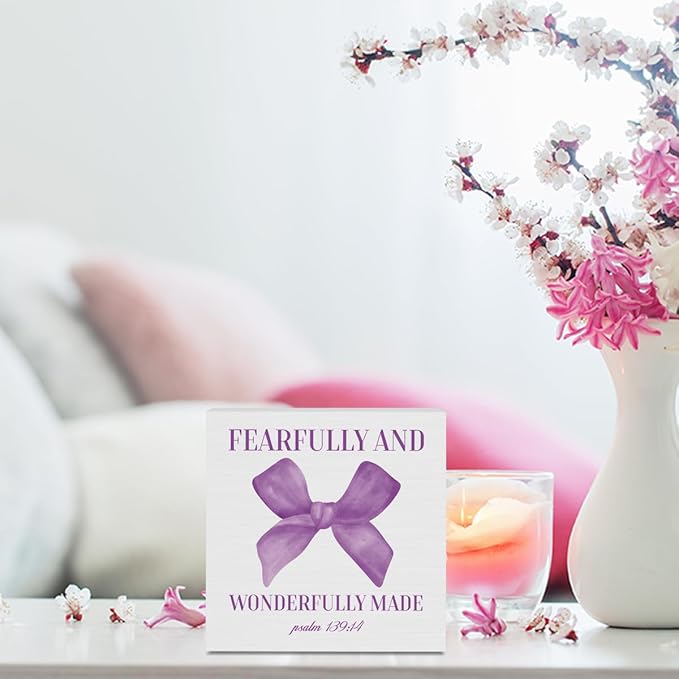 Purple Bible Bow Room Bedroom Bathroom,Purple Decor,Inspirational Bible Verses Decorations Butterfly Decorations for Teen Girls Gifts Wooden Box 5 x 5 Inch