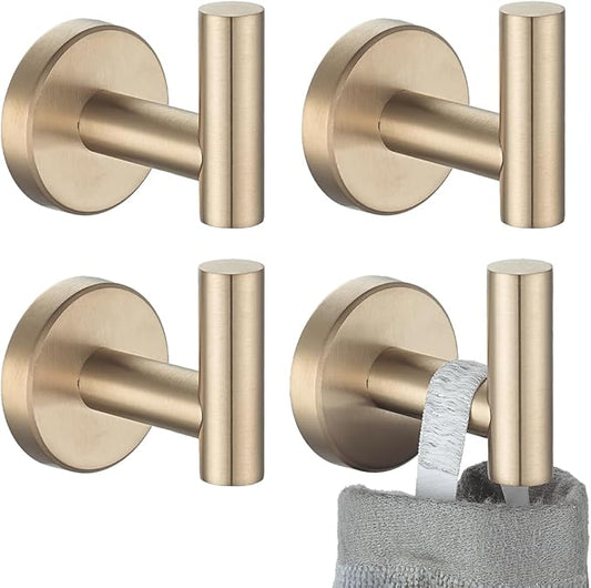 JQK Bathroom Towel Hook Champagne Bronze, Coat Robe Clothes Hook for Bathroom Wall Mounted (Pack of 4), SUS 304 Stainless Steel 0.8mm, TH100-CB-P4