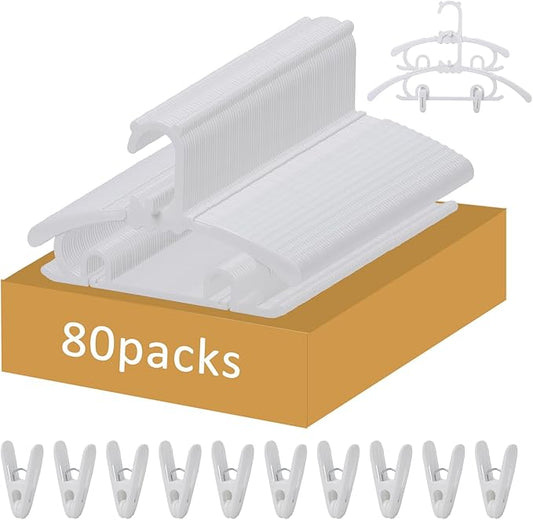 80 Pack Plastic Hangers with 32 Clips, 11-15 inch Adjustable Clothes Hanger, Durable & Non-Slip, Space Saving Coat Hangers for Pants, Jackets and Dress (White)