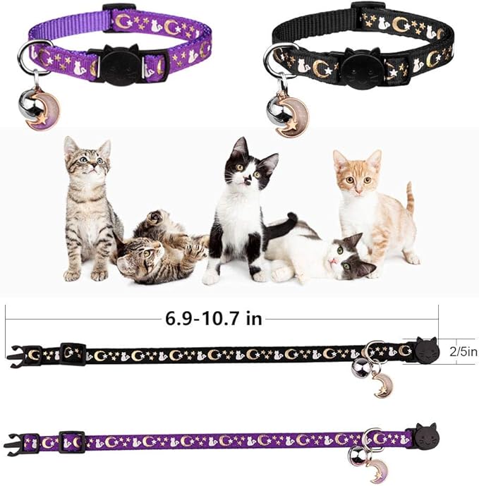 Baeuppit 2PCS Breakaway Cat Collars with Bell Moons Stars Cute Kitty Adjustable Safe Kitten Collars with Pendant Glow in The Dark(Black&Purple)