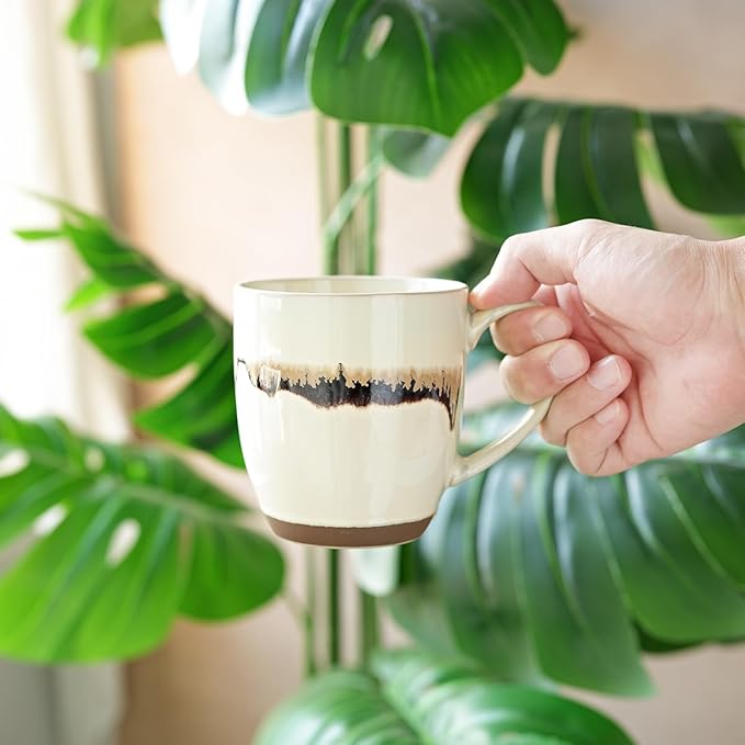 Bosmarlin Ceramic Coffee Mug Set of 4, 17 Oz, Stoneware Coffee Cups with Big Handle, Microwave Safe, Unique Reactive Glaze(17 Oz, Beige)