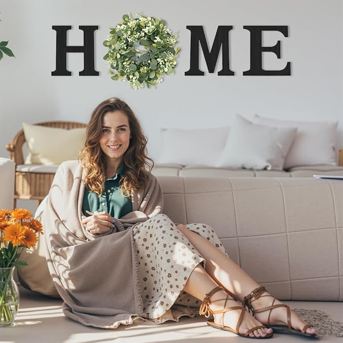 Wooden Home Sign with Artificial Peach Heart Eucalyptus Wreath for O, Hanging Farmhouse Wall House Autumn Decor Wood Letters for Wall Art Rustic Home Decor, Wall Decor for Living Room Kitchen Entryway