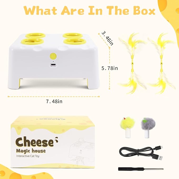 Interactive Cat Toy for Indoor Cats, 3 Modes Feathers Toy, Rechargeable 4 Holes Mole Cat Toys, Cheese Box for Kitten, 4 Accessories (White)