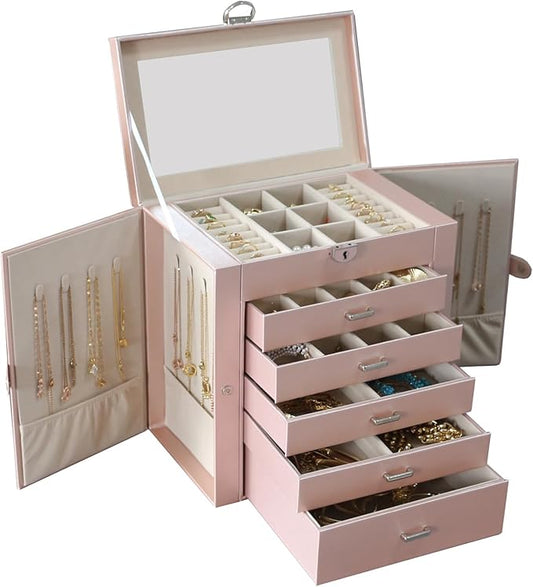 BOOVO Jewelry Box For women, 6 Layer Large Jewelry Organizer With Mirror, Multi-Function Storage Box With Lock, Accessory Holder With 5 Drawers, For Earrings Necklace Ring Bracelet (Rose Gold)