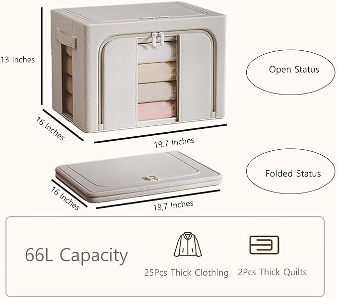 Clothes Storage Bins, 2 Pack Bedding Organizers with Handles, Stackable Metal Frame Closet Organizer, Visable Windows, Clothing Organization for Sweatshirt, Blanket, Long Dresses, (66L Cream White)