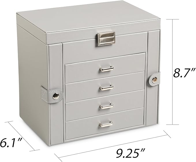Frebeauty 5-layer Jewelry Box,Faux Leather Jewelry Organizer with 4 Drawers,Jewelry Organizers and Storage with Mirror,Jewelry Holder Organizer for Necklace,Jewerly Boxes for Women Girls(Grey)