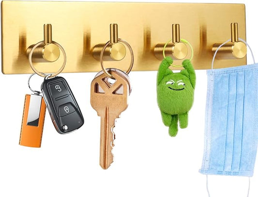 Picowe Key Holder for Wall Decorative, Adhesive Stainless Steel Key Hooks, Key Hanger Key Organizer for Wall, Towel Hook Coat Hanger for Entryway Hallway Kitchen(Four Rows,Golden 1PCS)