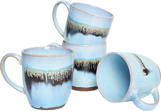 Bosmarlin Ceramic Coffee Mug Set of 4, 17 Oz, Stoneware Coffee Cups with Big Handle, Microwave Safe, Unique Reactive Glaze (17 Oz, Light Blue)