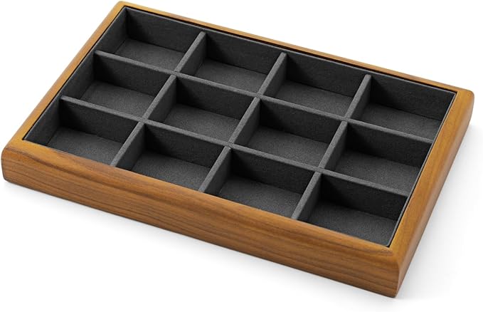 Oirlv Solid Wood 12 Grid Jewelry Organizer Tray Jewelry Drawer Organizer for Rings Earrings Storage Display(Grey)