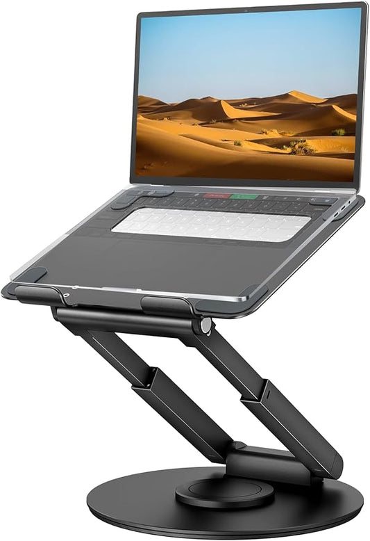 tounee Telescopic Laptop Stand for Desk with 360° Swivel Base, Sit to Stand, Height Adjustable, Portable Riser Holder for Good Posture, Compatible with MacBook Pro, All Laptops 10-17" - Black