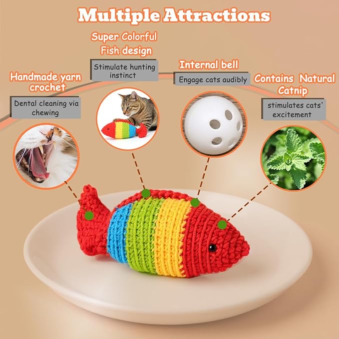 Cat Toys with Catnip & Bell Soft Natural Cat Nip Toys for Indoor Cats Hand Crocheted Interactive Kitten Fish Toys