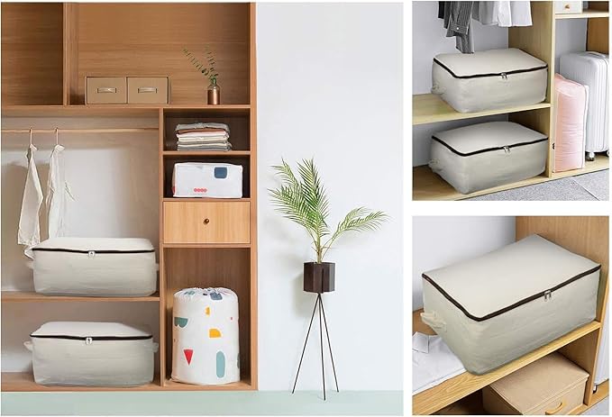 Omygarden 3 Pack Clothes Storage Bag Organizer with Sturdy Zipper for Quilts, Sweaters, Beddings, Blanket, Blouses and More, Beige