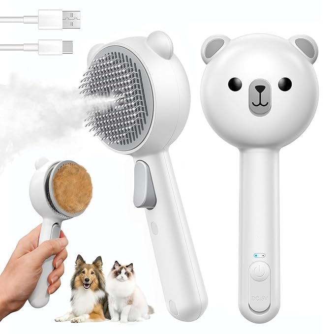 Cat Steam Brush, Self Cleaning Pet Spray Hair Removal Comb with Release Button, 3 in 1 Cat Brush for Indoor Cats for Shedding, Waterproof Pet Grooming Brushes for Long Short Haired Dogs Cats
