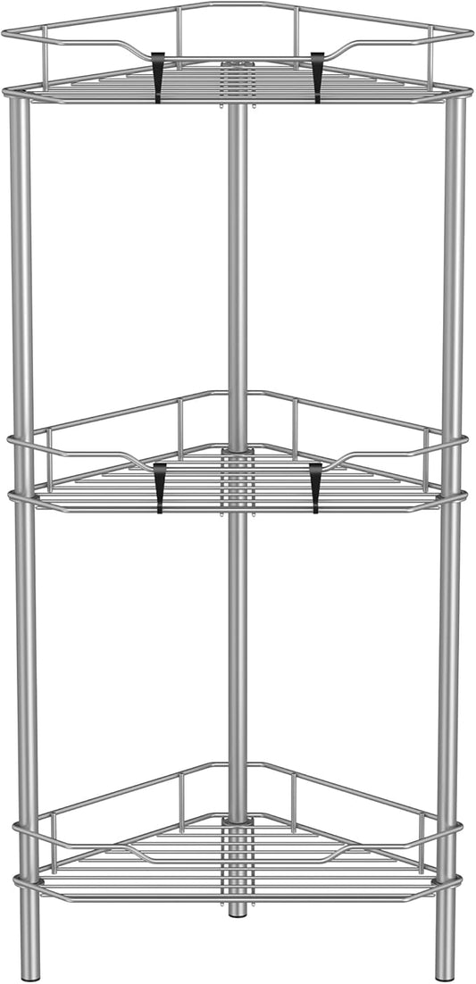 3 Tier Floor Standing Corner Shower Caddy Organizer Shelf with Hooks, Bathroom Shelves Stand Rack, Gray
