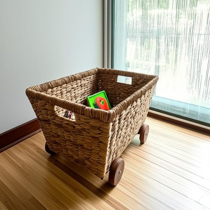 Wicker Toys Storage with Removable Wheels, Set of 2, Heavy Duty Hyacinth Storage Baskets for Organizing, Storage Woven Basket, Rattan Basket, Toys Storage (Water Hyacinth)