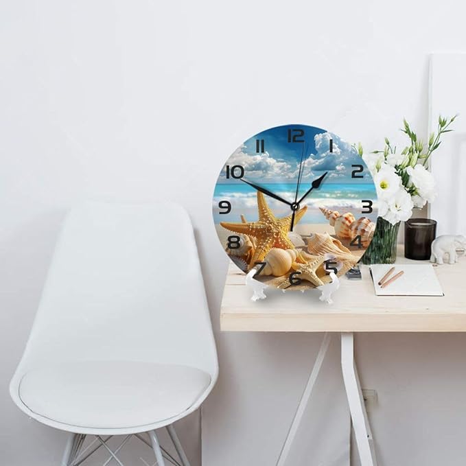 Starfish Seashells Beach Wall Clock 10 Inch Silent Non Ticking Wall Clocks Battery Operated Wall Decorative Clock for Bedroom Kitchen Office Classroom