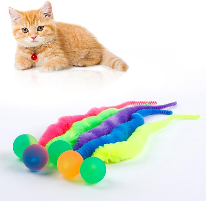 Bouncy Balls for Cats-5 Packs，Fuzzy Worm Cat Worm Toys with Fluorescent Ball，Magic Worm Bouncy Ball with Tail Cat Toy