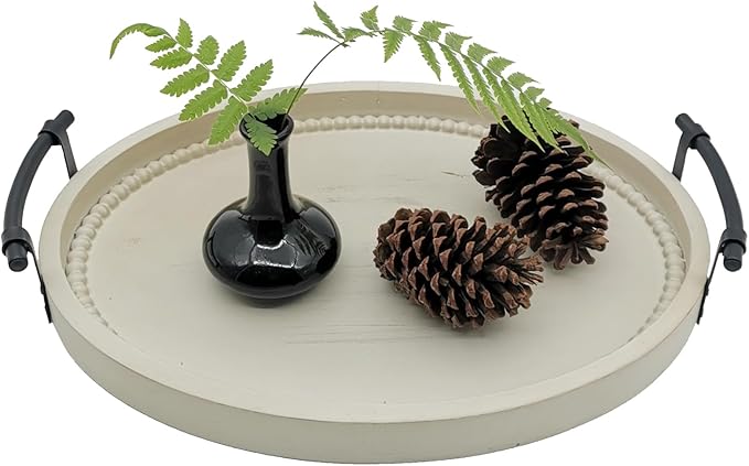 Oval Rustic Wooden Decorative Tray, Serving Tray with Metal Handles, Ottoman Coffee Table Tray, Farmhouse Centerpiece for Kitchen or Living Room (White)