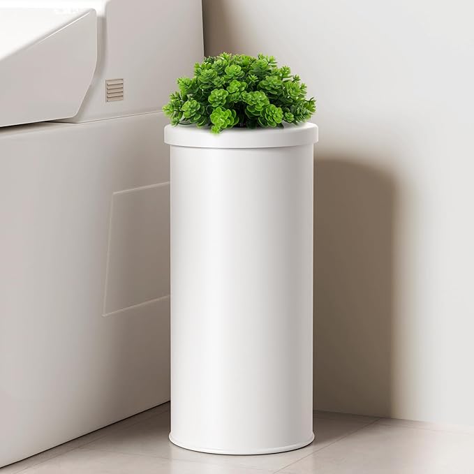 Cesun Toilet Paper Storage Bin, Enclosed Toliet Paper Holder with 3-Roll Capacity, White Stainless Steel Canister with Decorative Green Plant Lid