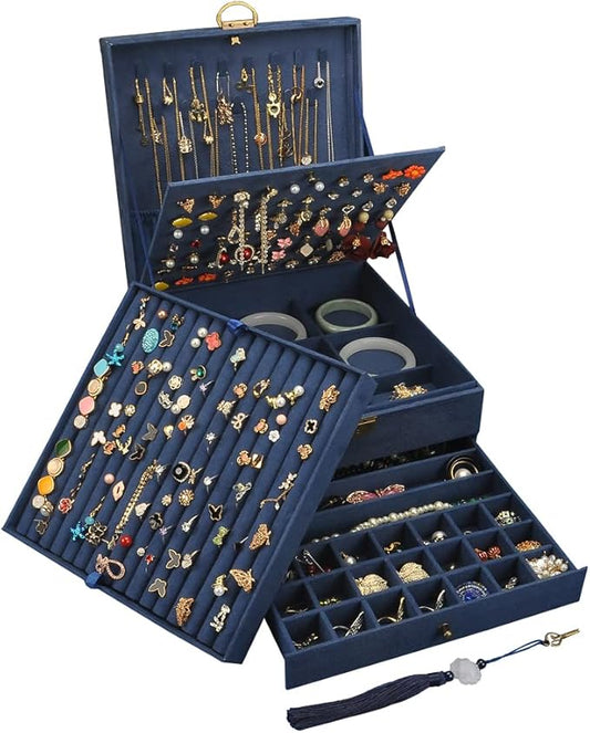 Jewelry Organizer 5 Layers Velvet Square Jewelry Box Women Necklace Ear studs Display Bangles Large Jewelry Storage Case Drawer GY306 (Navy)