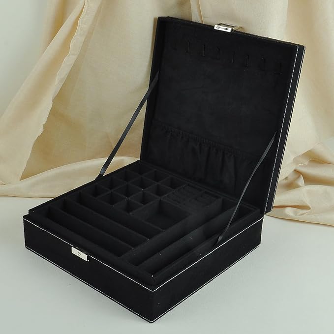 Jewelry Boxes 10 x 10 Inches 2-layer Handle Necklace Holder Organizer Jewellery Women Rings Storage Display Girls Earrings Case Lockable Jewelry Tray GY641 (Black)