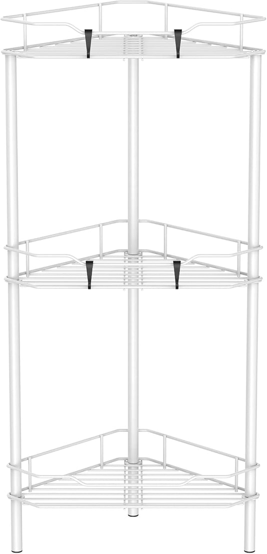 3 Tier Floor Standing Corner Shower Caddy Organizer Shelf with Hooks, Bathroom Shelves Stand Rack, White